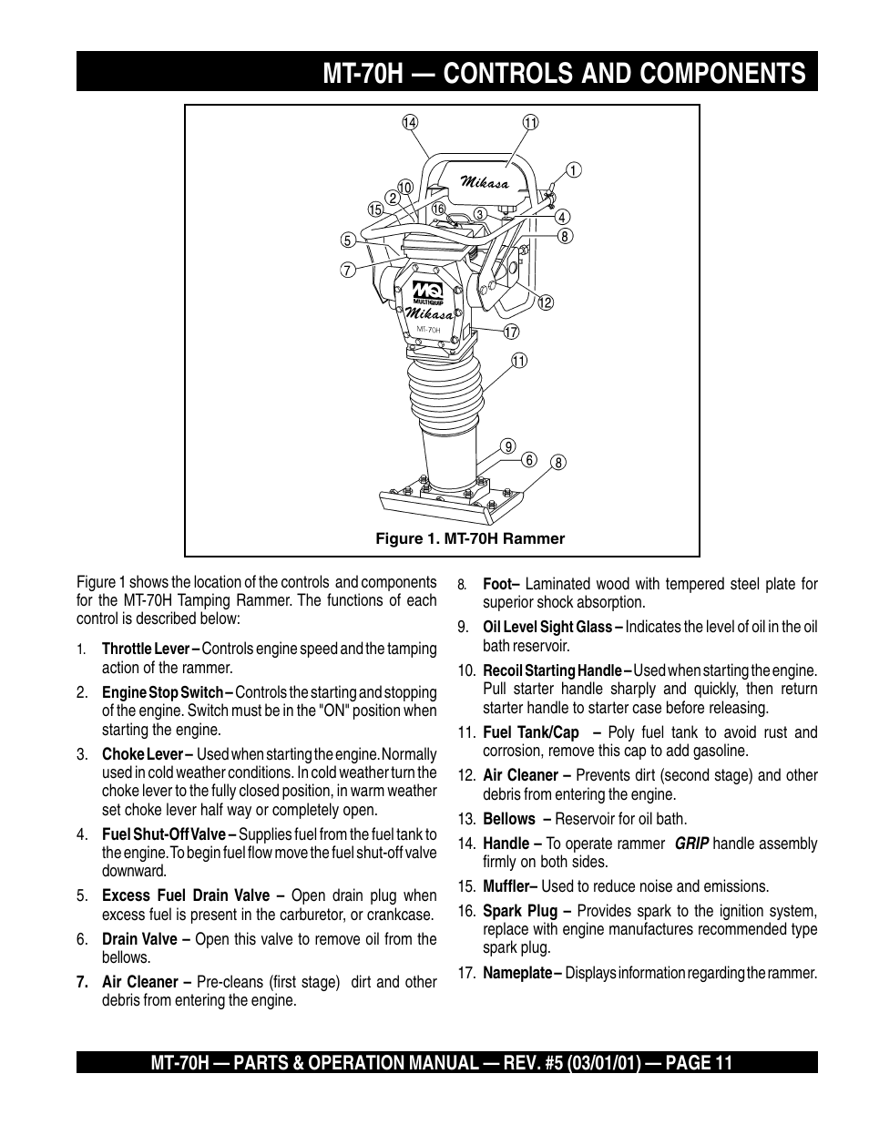 Mt-70h — controls and components | Multiquip MT70H User Manual | Page 11 / 44