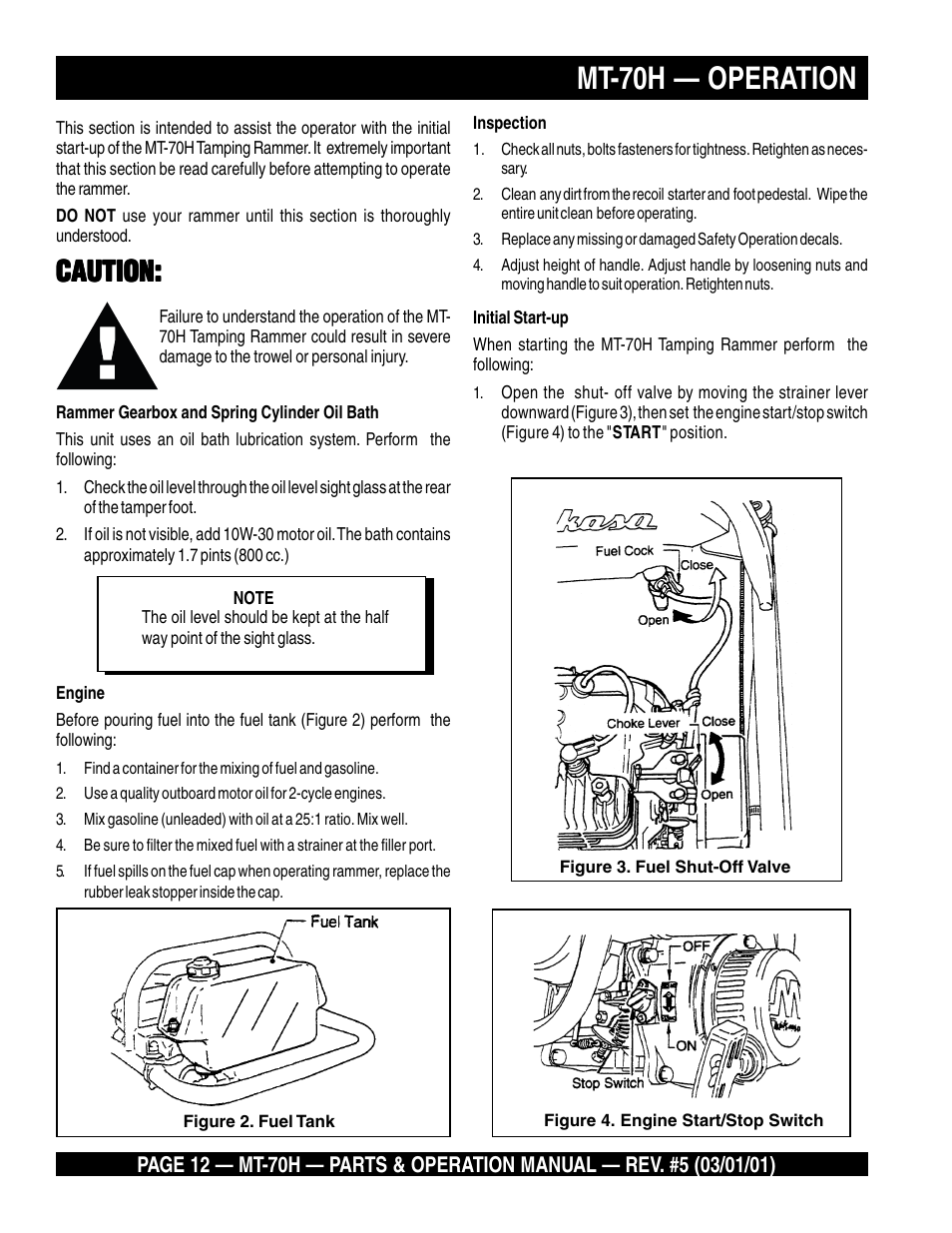 Mt-70h — operation, Caution | Multiquip MT70H User Manual | Page 12 / 44