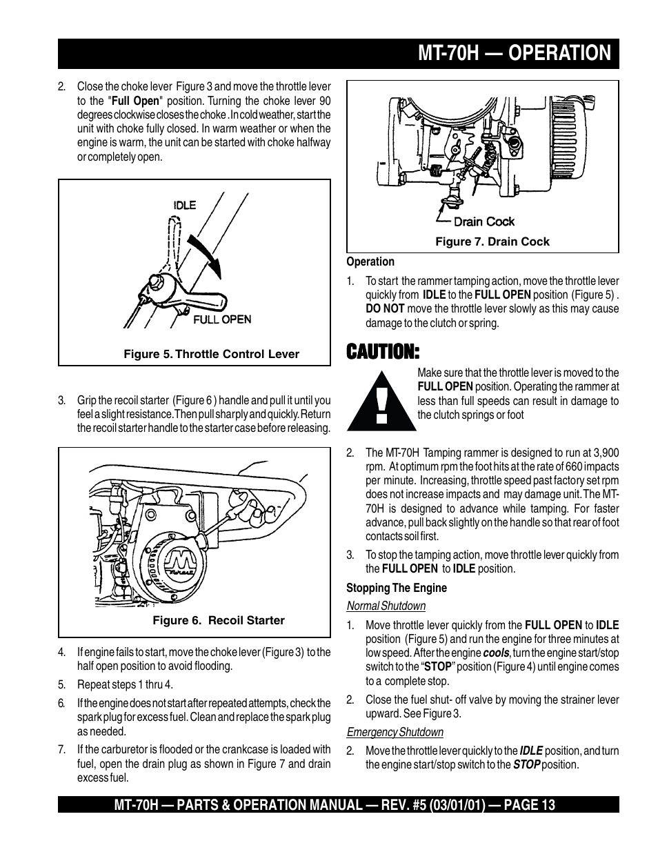 Mt-70h — operation, Caution | Multiquip MT70H User Manual | Page 13 / 44