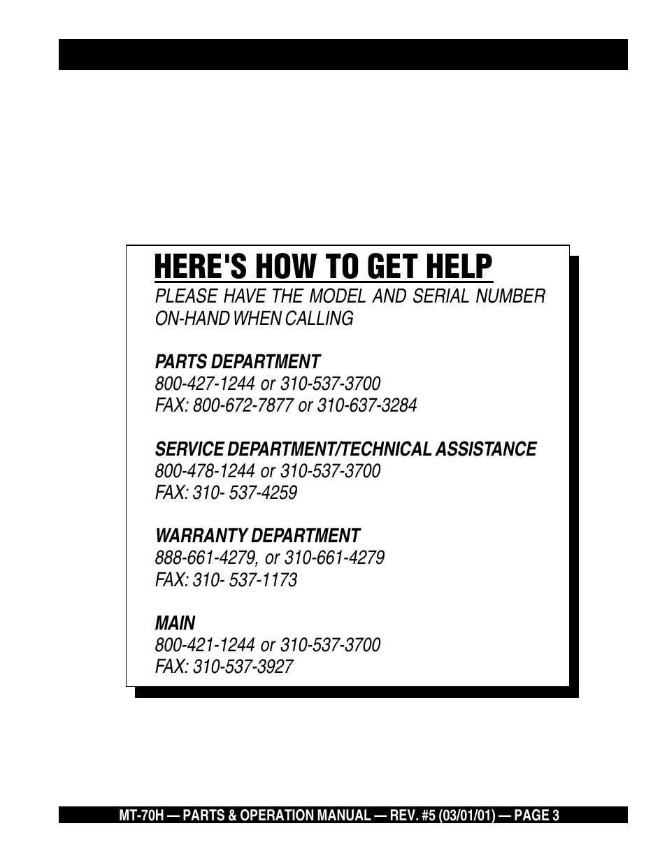 Here's how to get help | Multiquip MT70H User Manual | Page 3 / 44