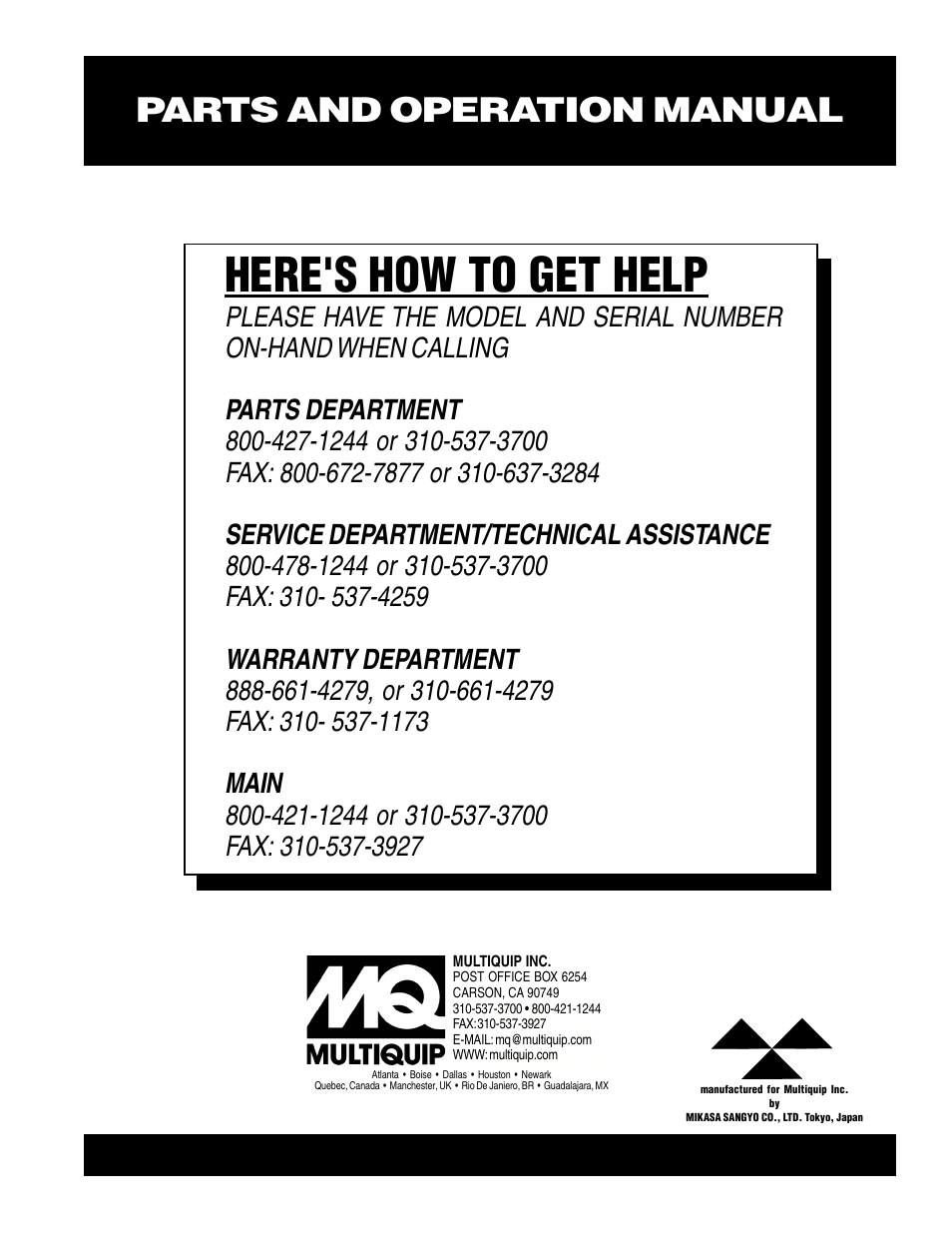 Here's how to get help, Parts and operation manual | Multiquip MT70H User Manual | Page 44 / 44