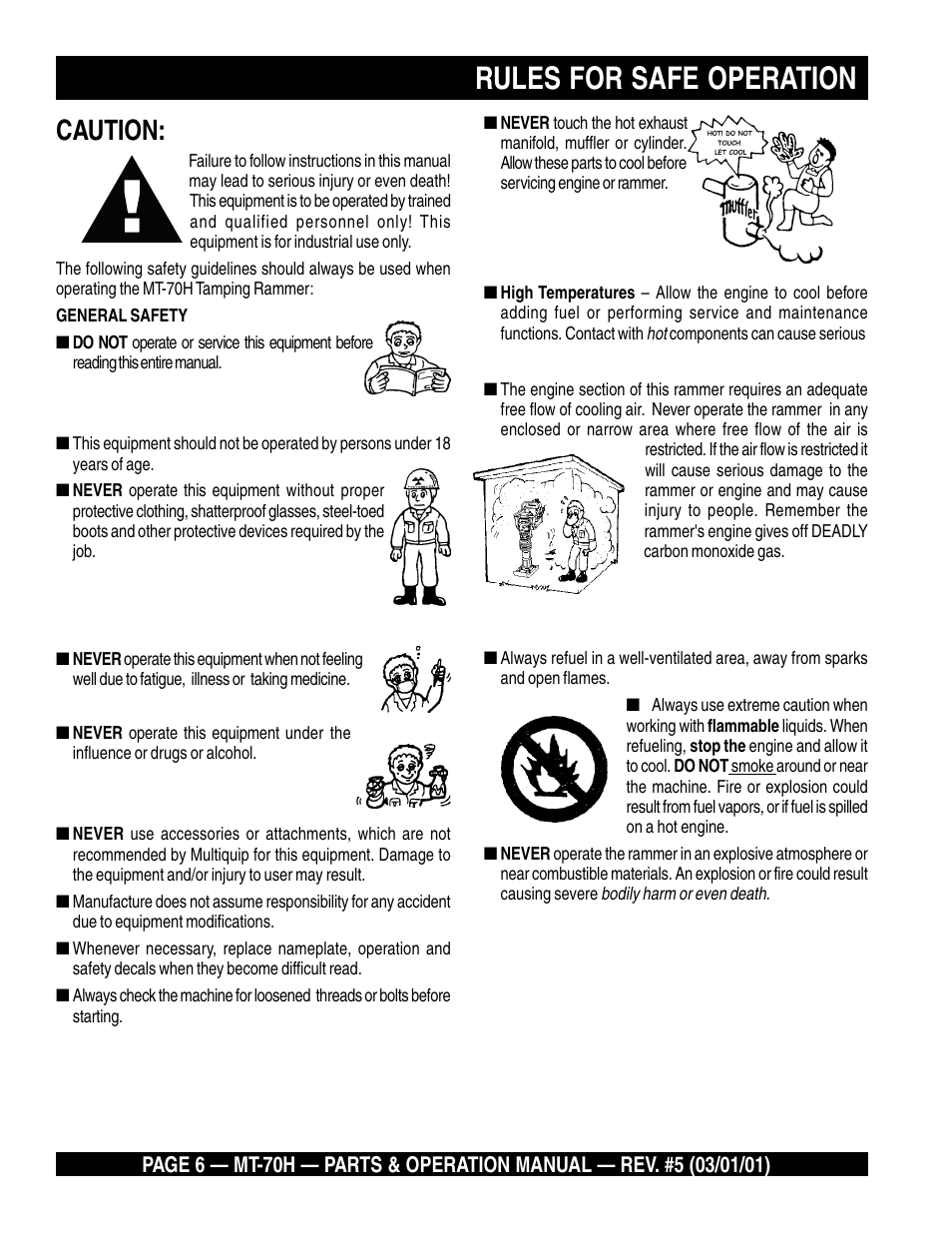 Rules for safe operation, Caution | Multiquip MT70H User Manual | Page 6 / 44