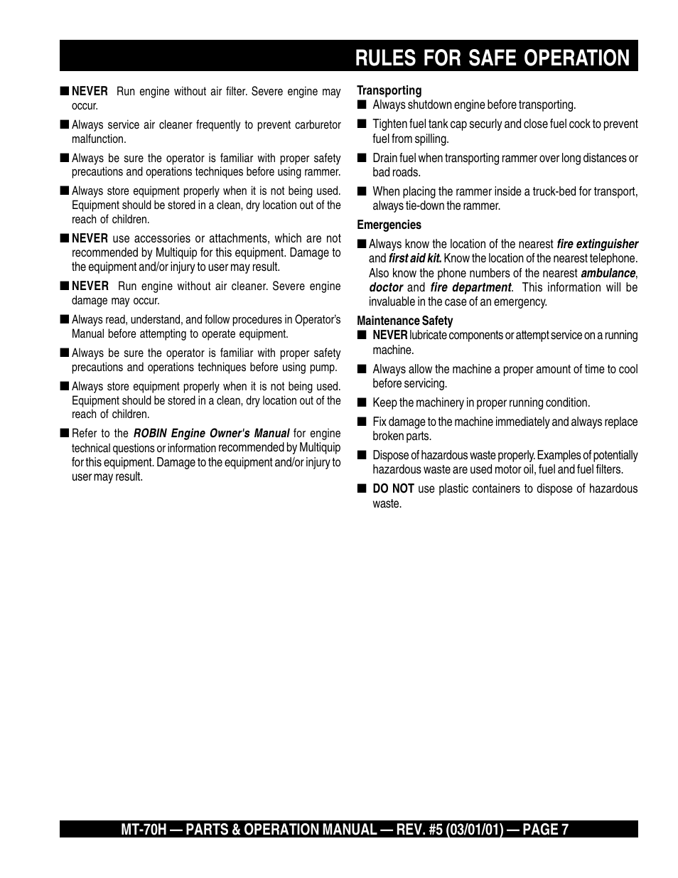 Rules for safe operation | Multiquip MT70H User Manual | Page 7 / 44