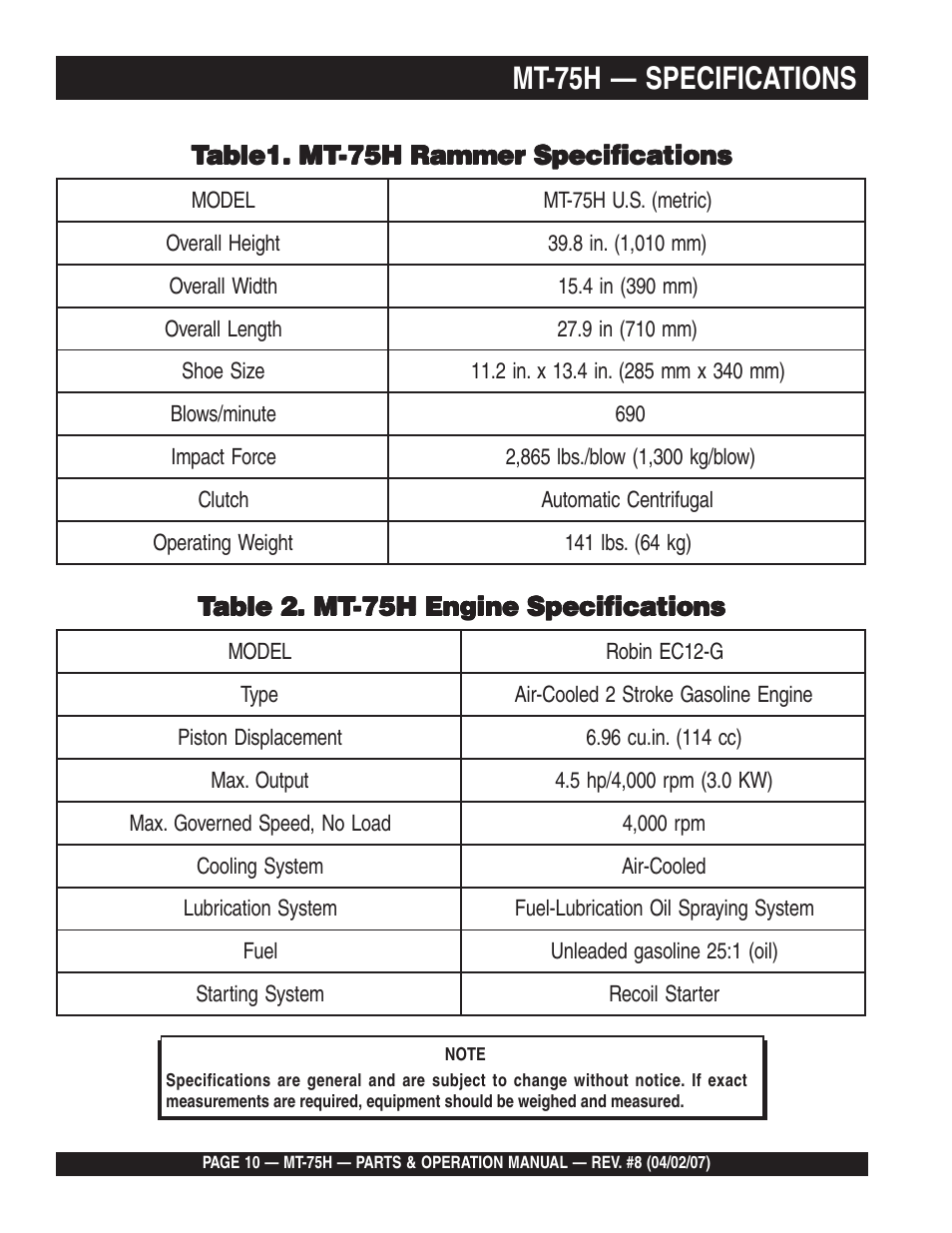 Mt-75h — specifications | Multiquip MT75H User Manual | Page 10 / 42