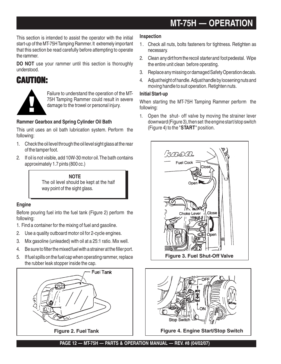 Mt-75h — operation, Caution | Multiquip MT75H User Manual | Page 12 / 42