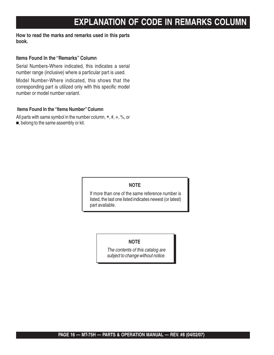 Explanation of code in remarks column | Multiquip MT75H User Manual | Page 16 / 42