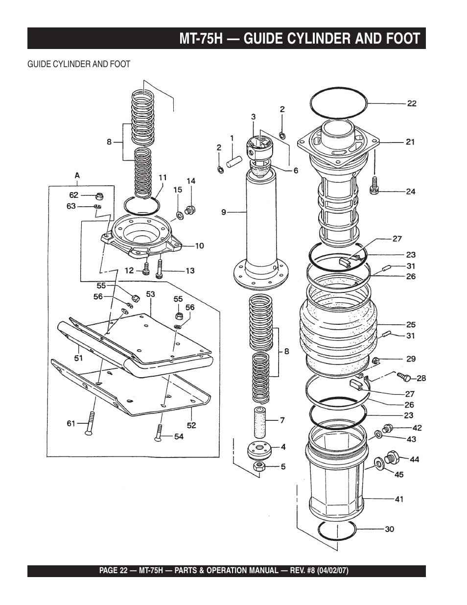 Mt-75h — guide cylinder and foot | Multiquip MT75H User Manual | Page 22 / 42