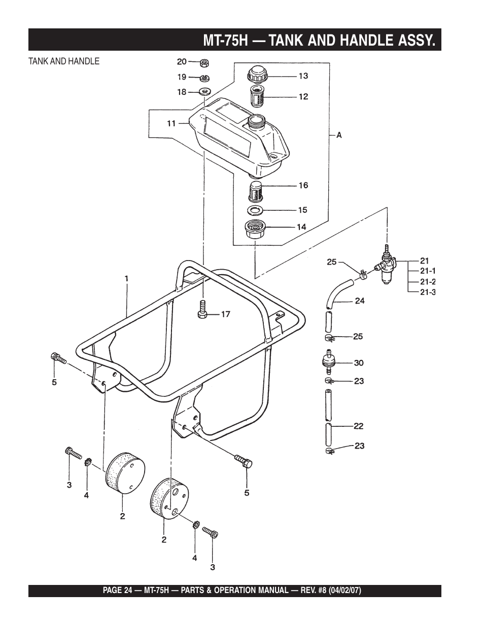 Mt-75h — tank and handle assy | Multiquip MT75H User Manual | Page 24 / 42