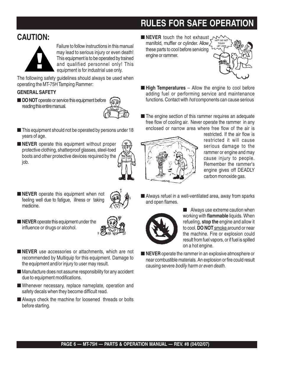 Rules for safe operation, Caution | Multiquip MT75H User Manual | Page 6 / 42