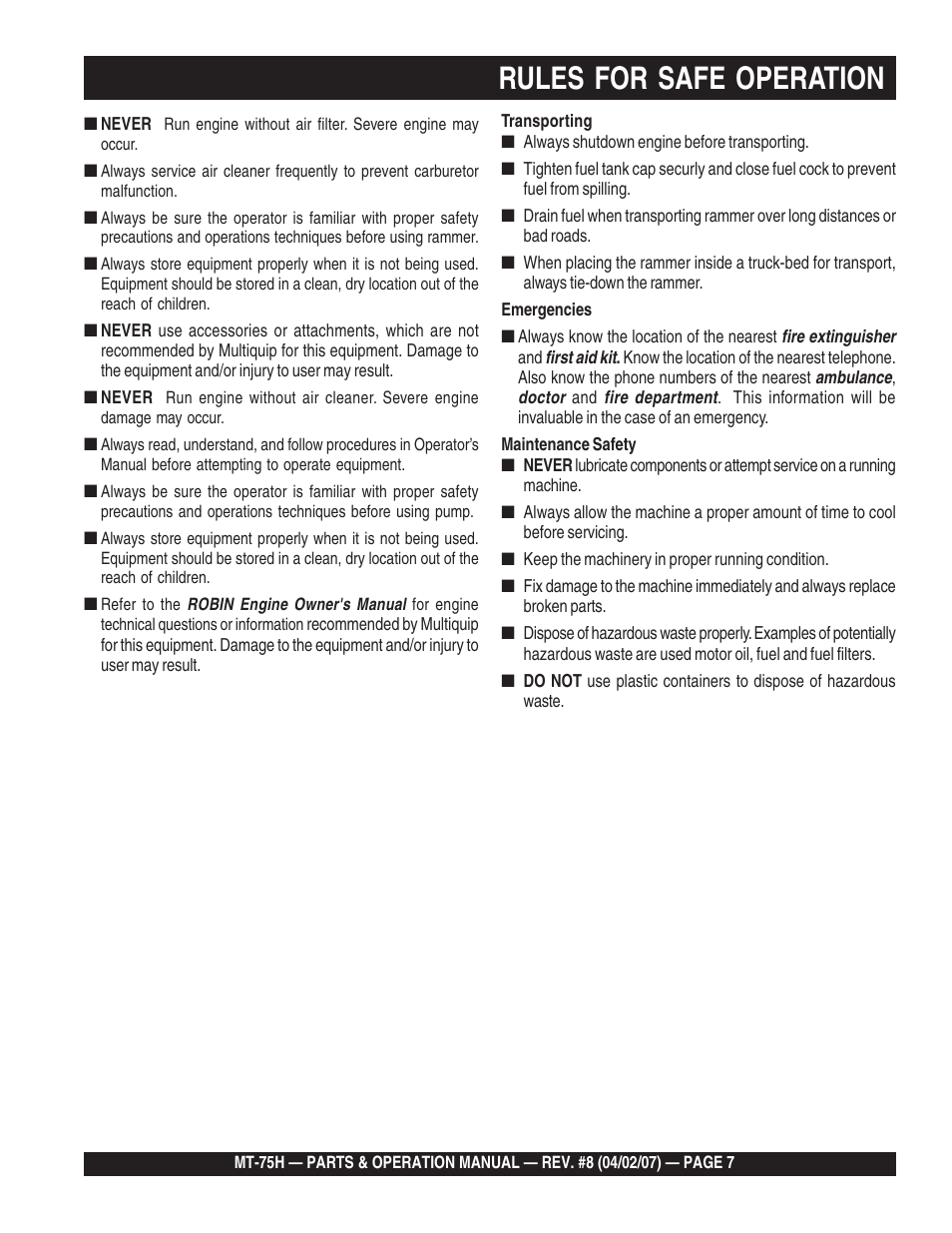 Rules for safe operation | Multiquip MT75H User Manual | Page 7 / 42