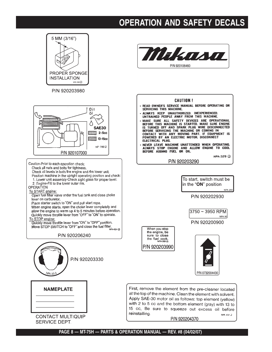 Operation and safety decals | Multiquip MT75H User Manual | Page 8 / 42