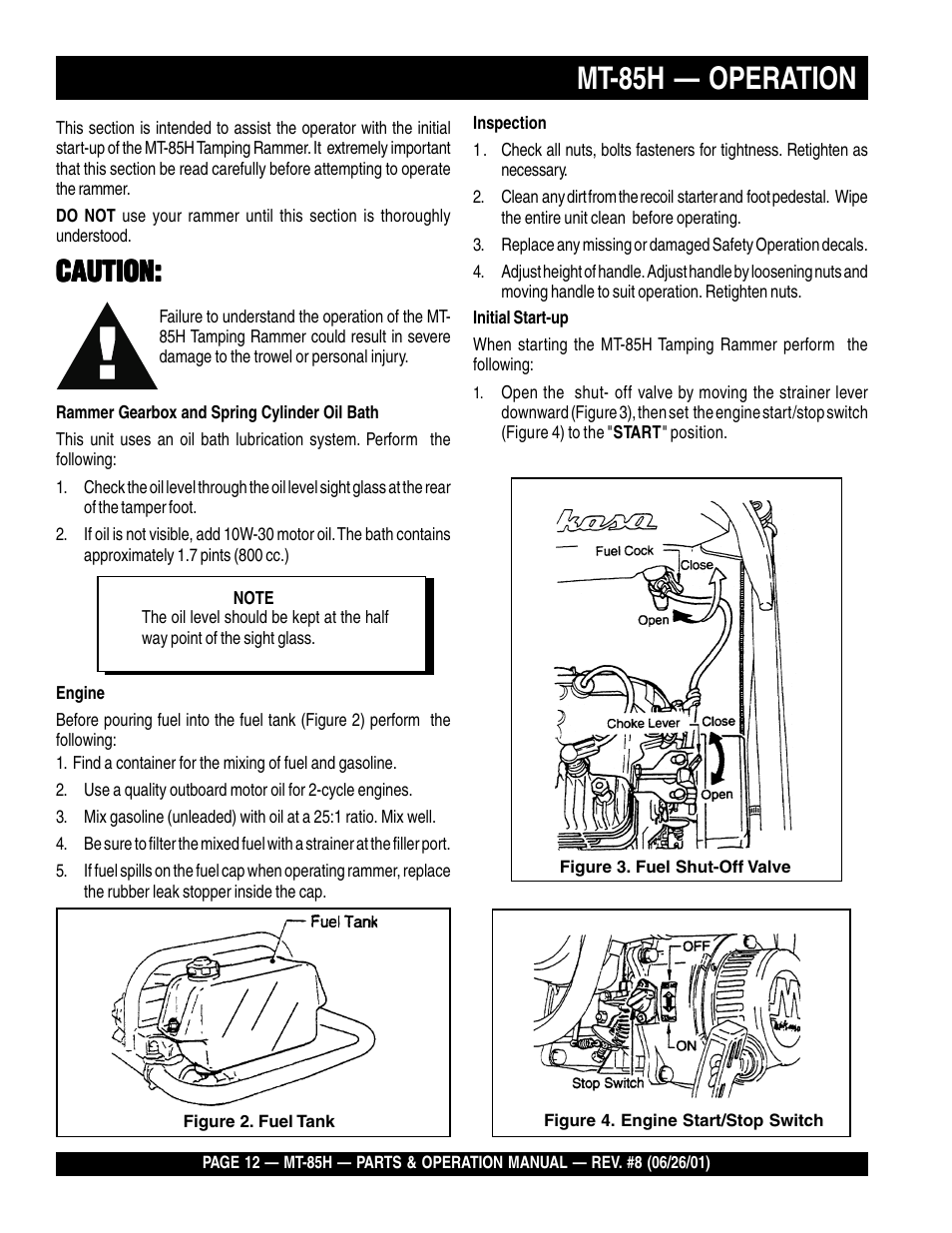 Mt-85h — operation, Caution | Multiquip MT85H User Manual | Page 12 / 42