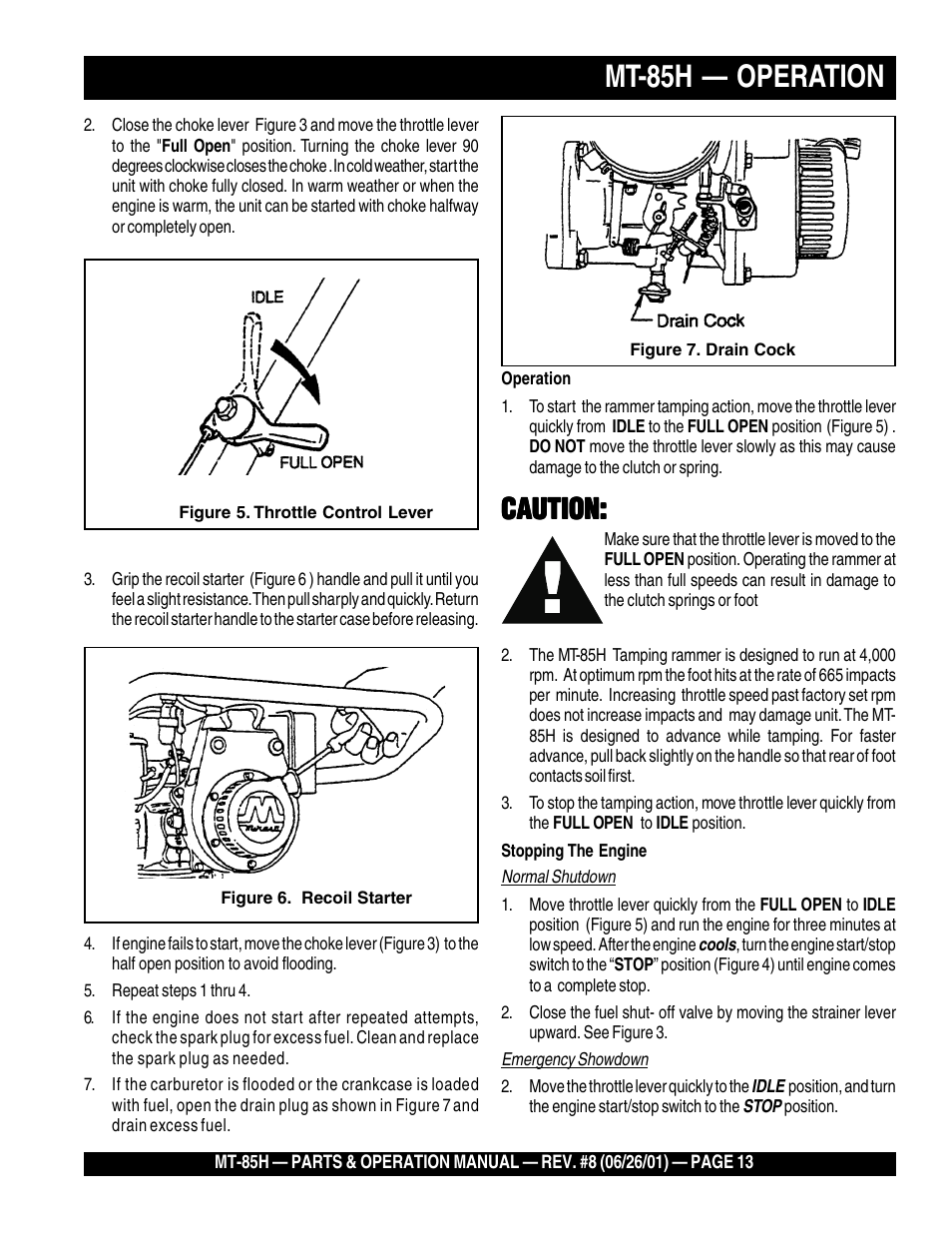 Mt-85h — operation, Caution | Multiquip MT85H User Manual | Page 13 / 42