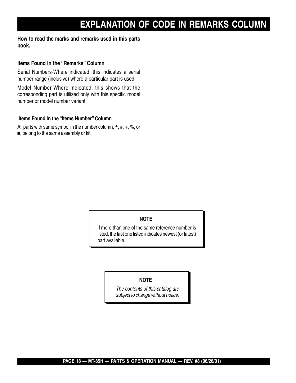 Explanation of code in remarks column | Multiquip MT85H User Manual | Page 18 / 42