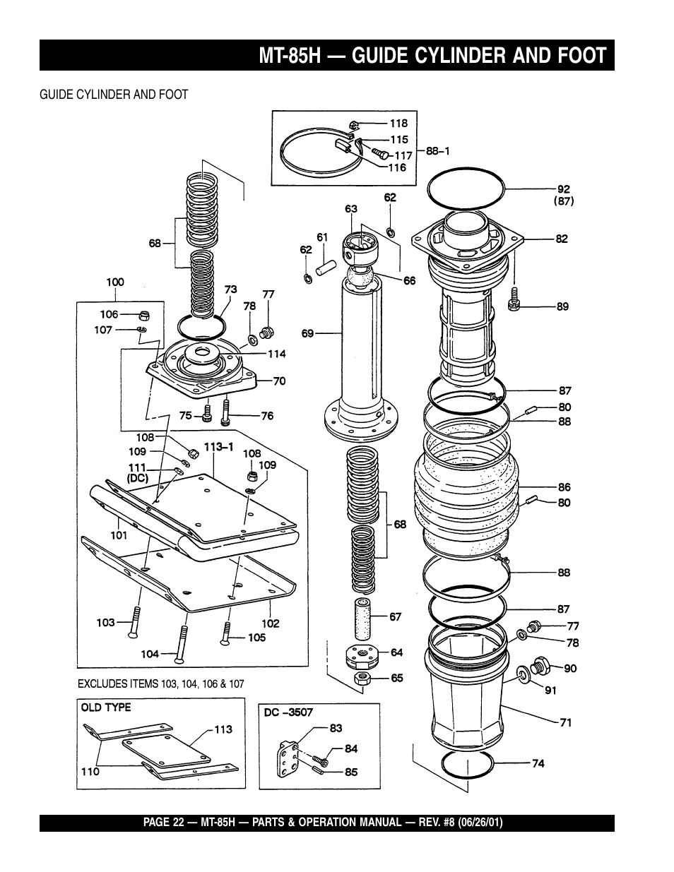 Mt-85h — guide cylinder and foot | Multiquip MT85H User Manual | Page 22 / 42
