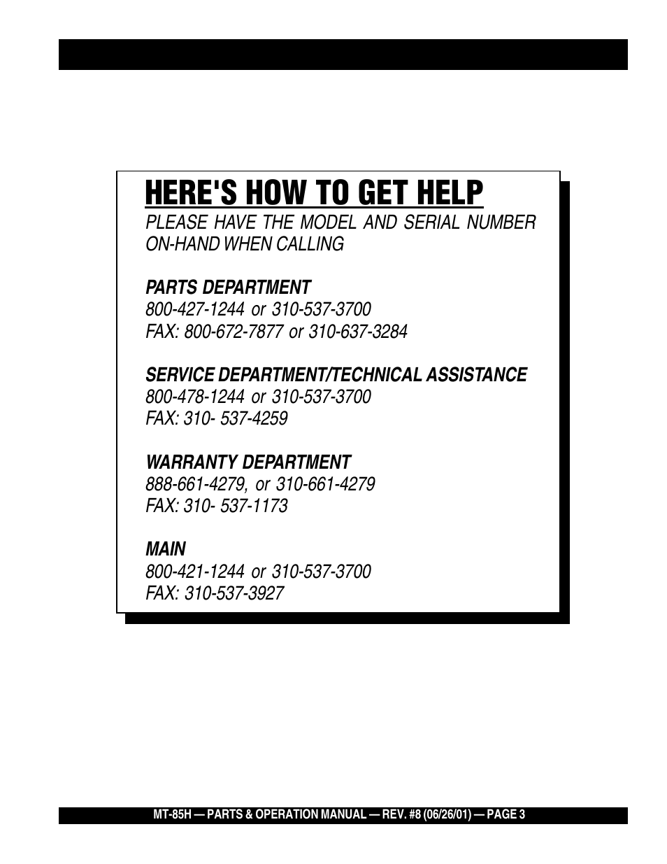 Here's how to get help | Multiquip MT85H User Manual | Page 3 / 42