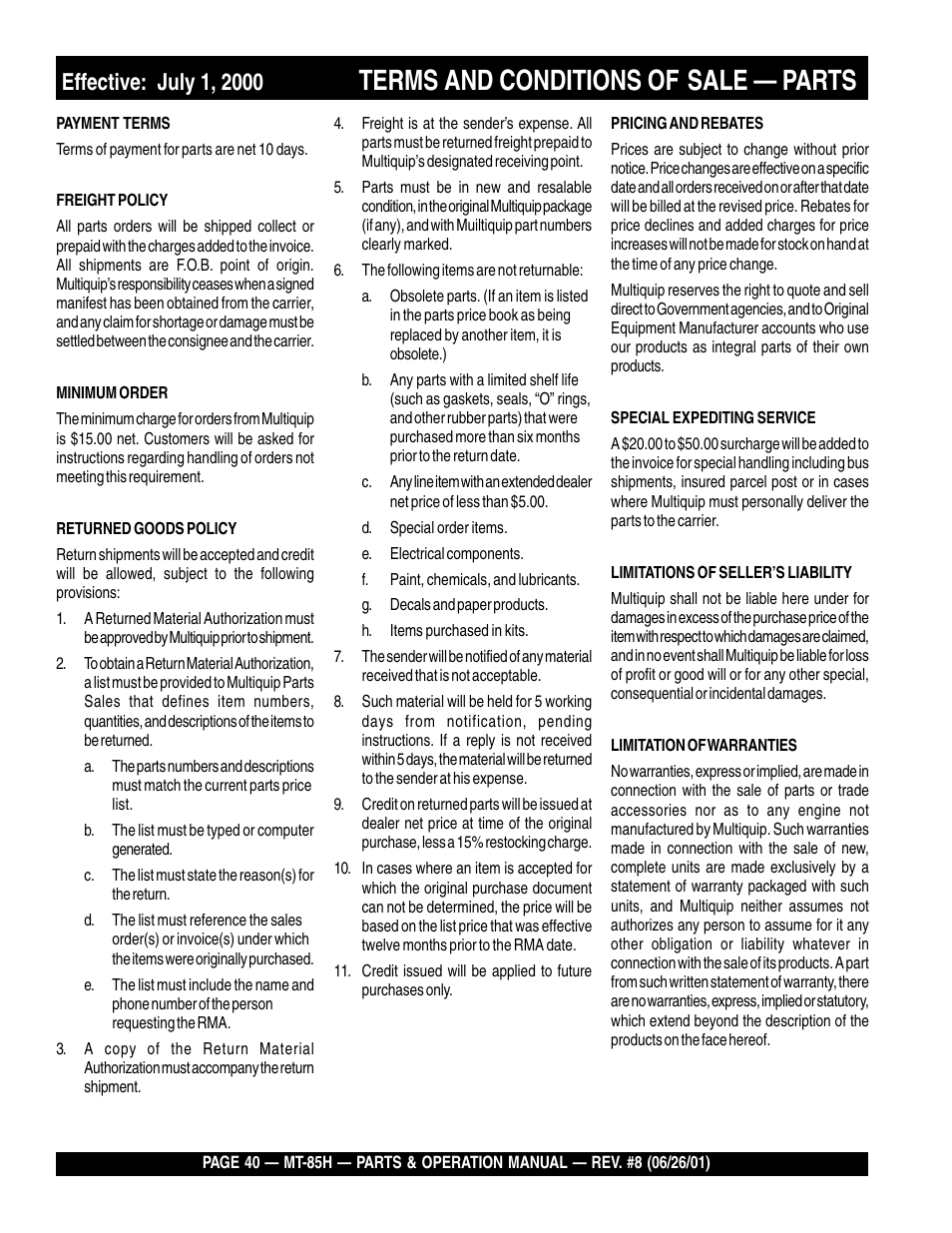 Terms and conditions of, Sale — parts | Multiquip MT85H User Manual | Page 40 / 42