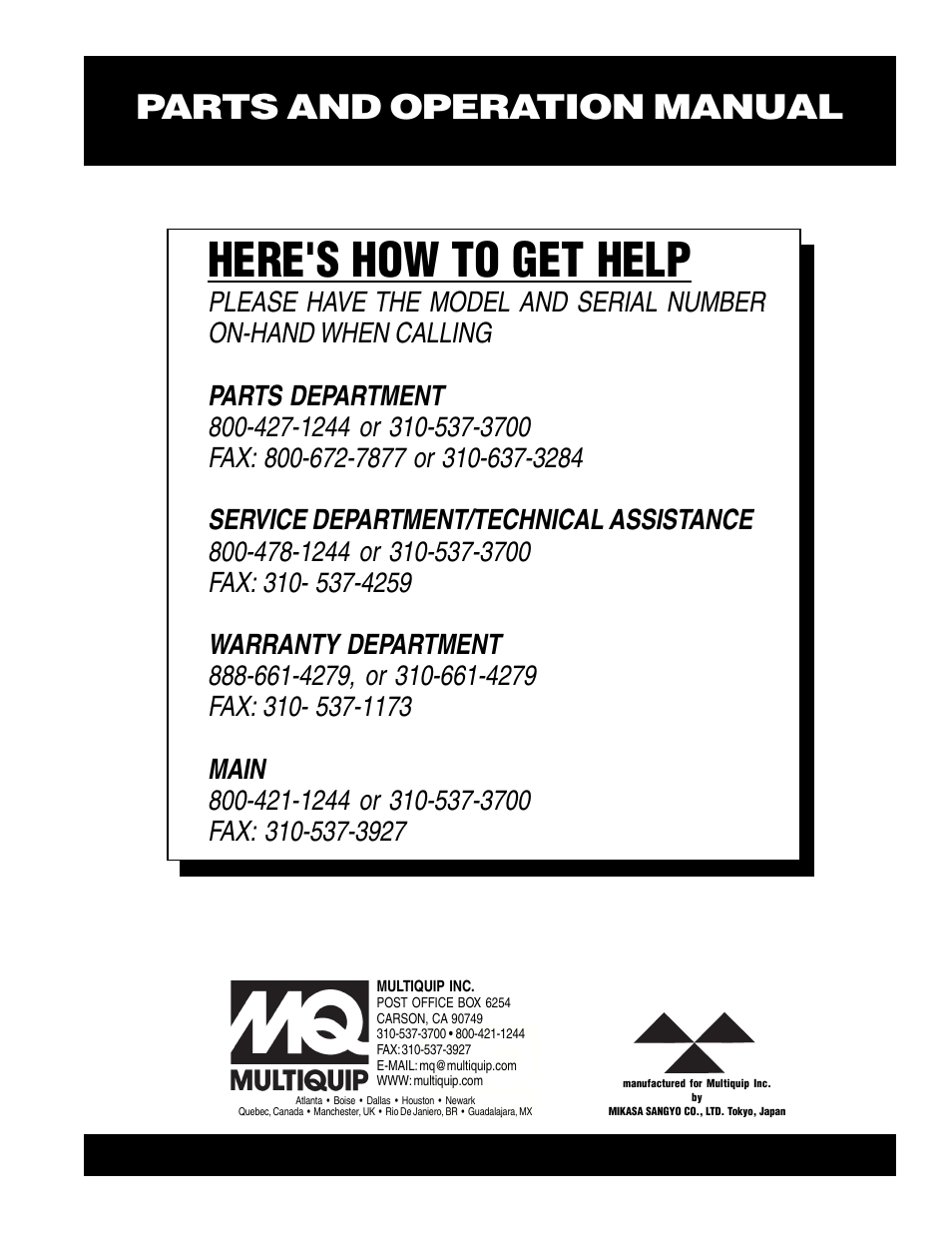 Here's how to get help, Parts and operation manual | Multiquip MT85H User Manual | Page 42 / 42