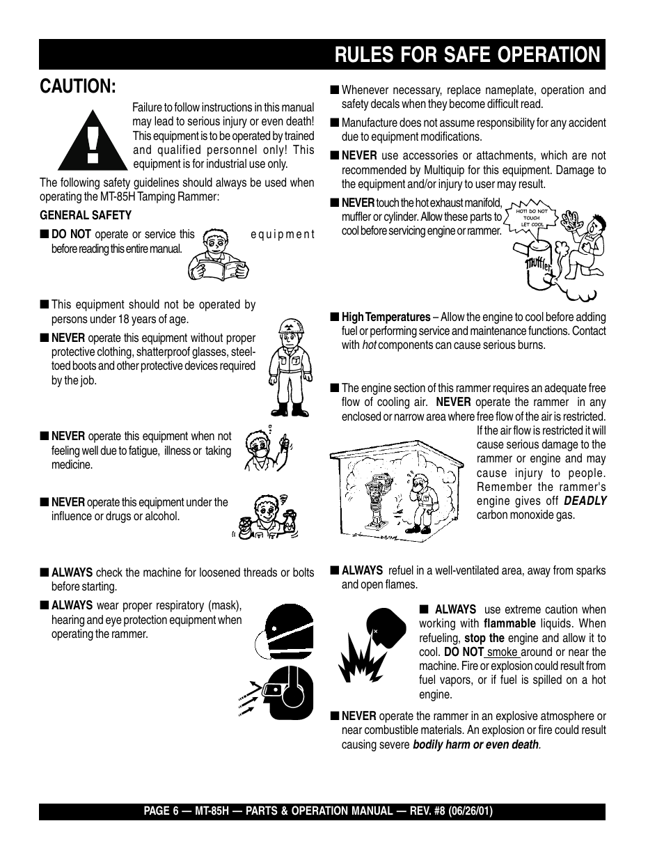 Rules for safe operation, Caution | Multiquip MT85H User Manual | Page 6 / 42