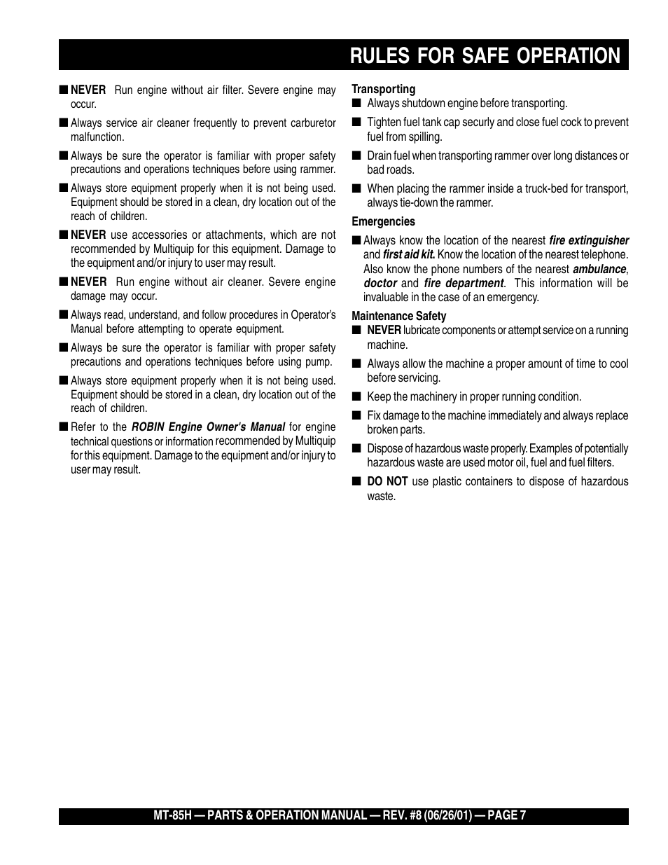 Rules for safe operation | Multiquip MT85H User Manual | Page 7 / 42