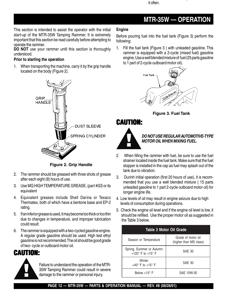 Mtr-35w — operation, Caution | Multiquip MTR35W User Manual | Page 12 / 46
