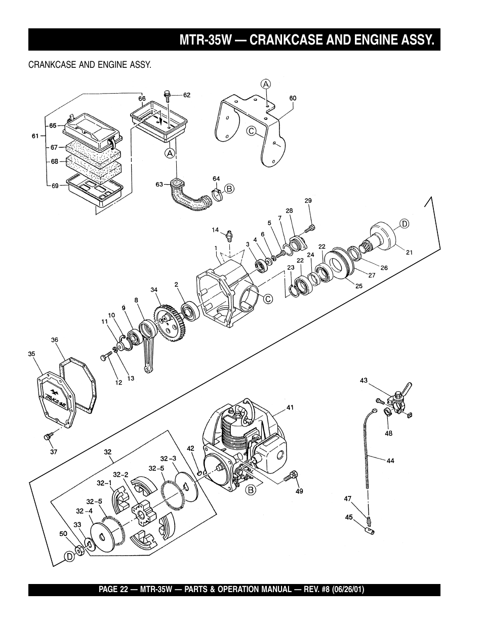 Mtr-35w — crankcase and engine assy | Multiquip MTR35W User Manual | Page 22 / 46