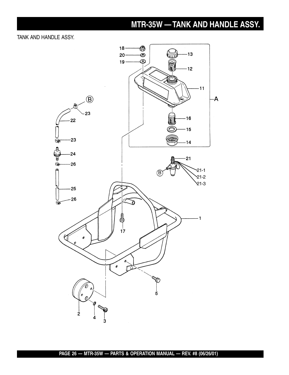 Mtr-35w — tank and handle assy | Multiquip MTR35W User Manual | Page 26 / 46