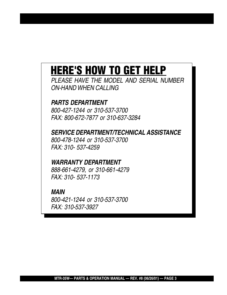 Here's how to get help | Multiquip MTR35W User Manual | Page 3 / 46