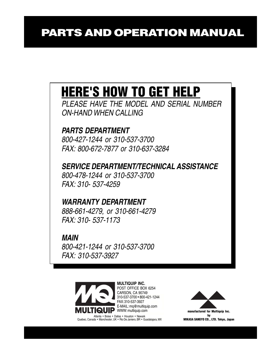 Here's how to get help, Parts and operation manual | Multiquip MTR35W User Manual | Page 46 / 46