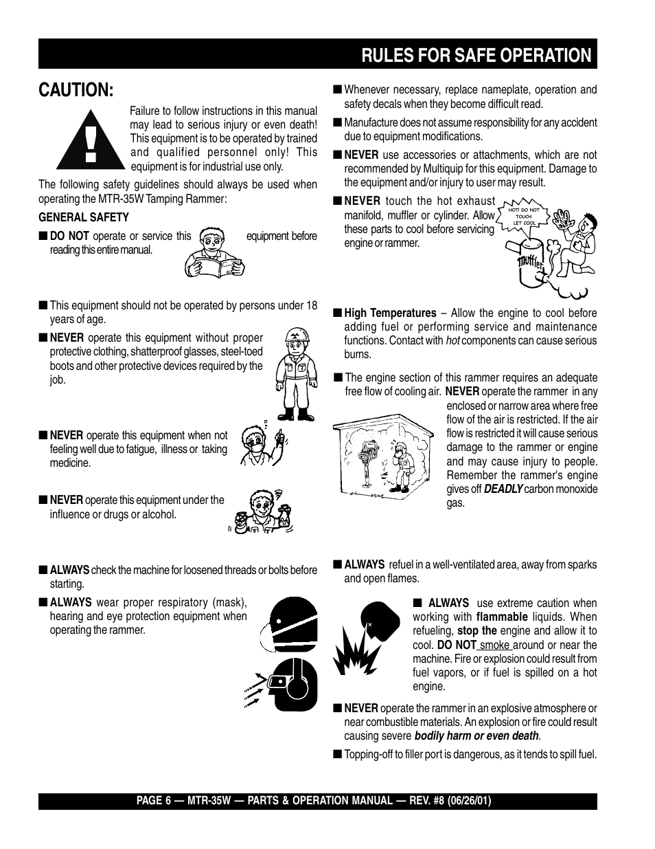 Rules for safe operation caution | Multiquip MTR35W User Manual | Page 6 / 46