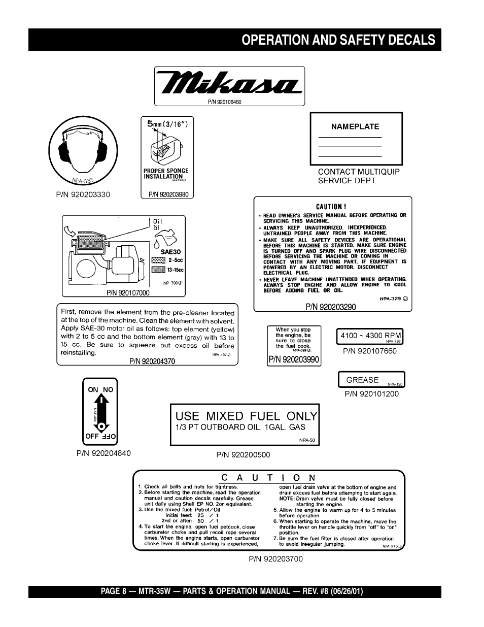 Operation and safety decals | Multiquip MTR35W User Manual | Page 8 / 46