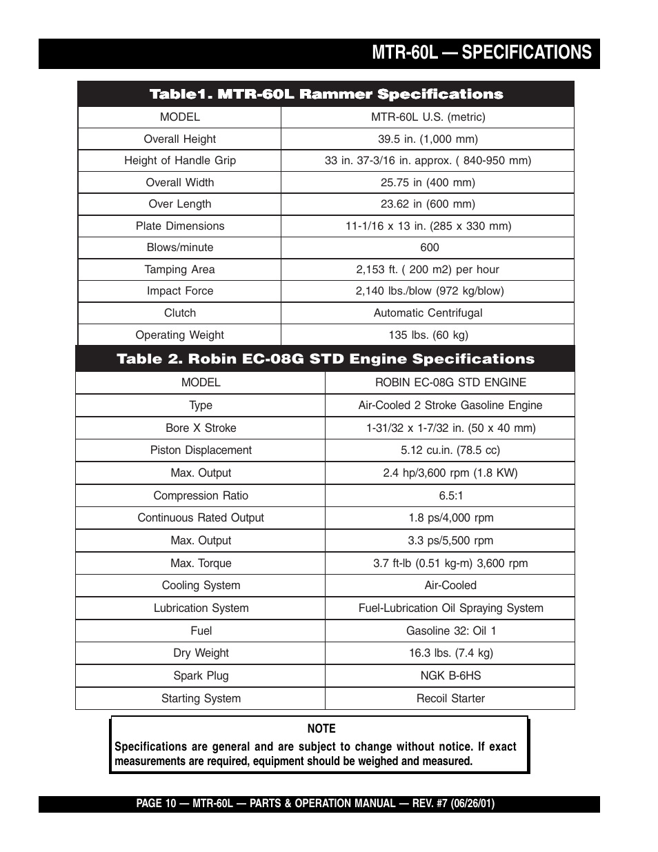 Mtr-60l — specifications | Multiquip MTR60L User Manual | Page 10 / 44