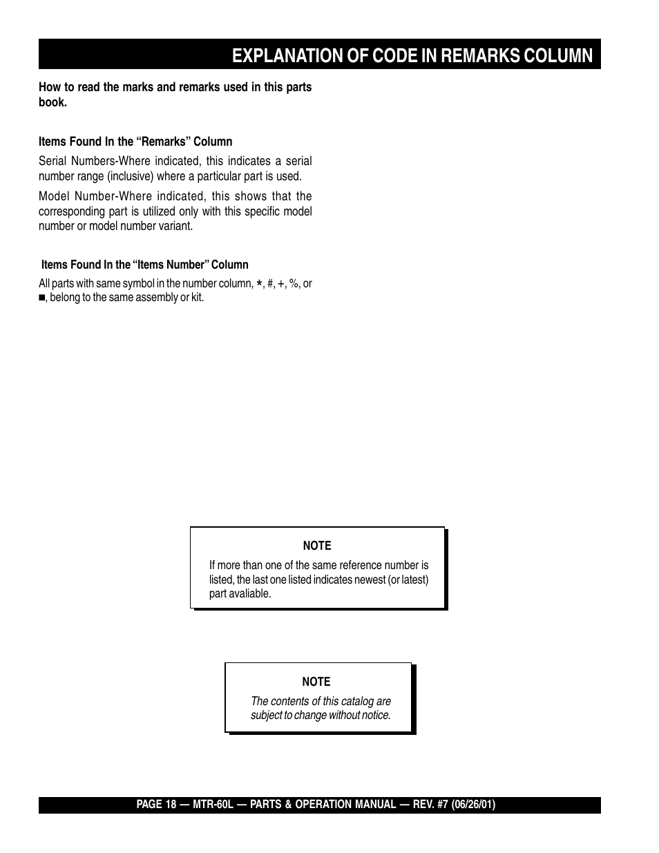 Explanation of code in remarks column | Multiquip MTR60L User Manual | Page 18 / 44