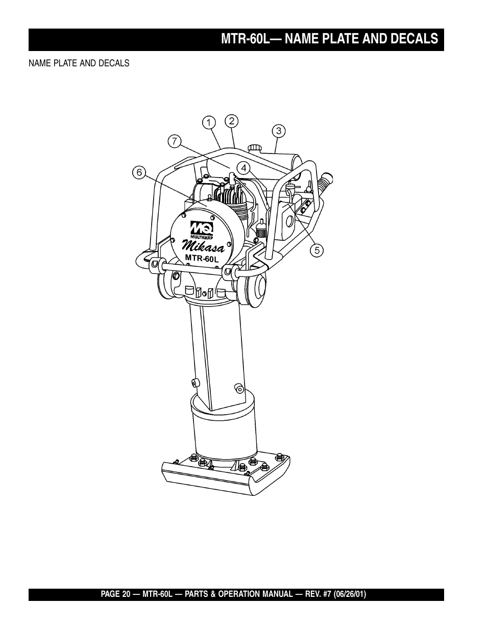 Mtr-60l— name plate and decals | Multiquip MTR60L User Manual | Page 20 / 44