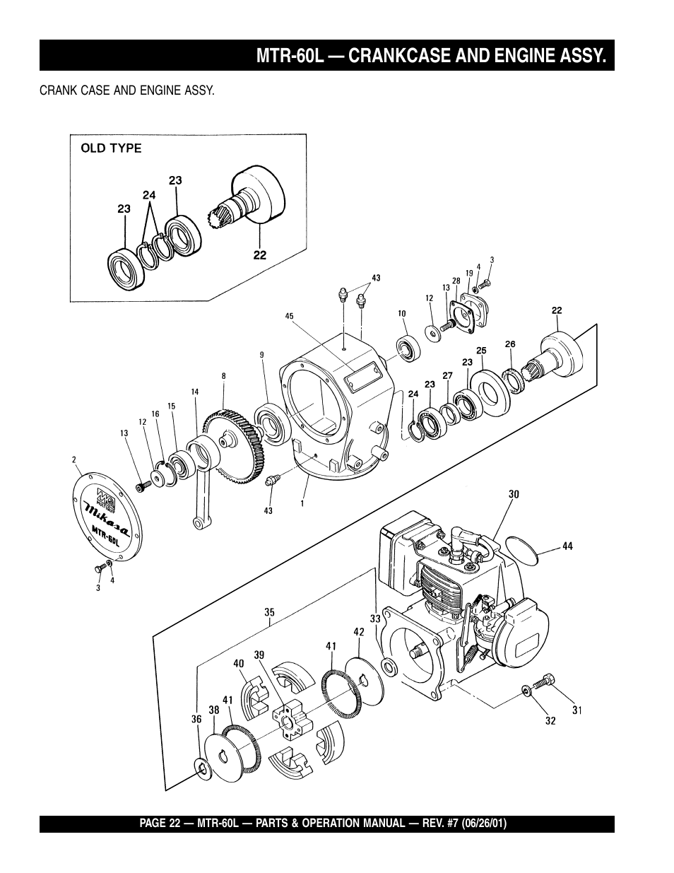 Mtr-60l — crankcase and engine assy | Multiquip MTR60L User Manual | Page 22 / 44