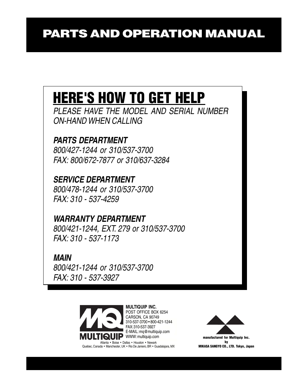 Here's how to get help, Parts and operation manual | Multiquip MTR60L User Manual | Page 44 / 44