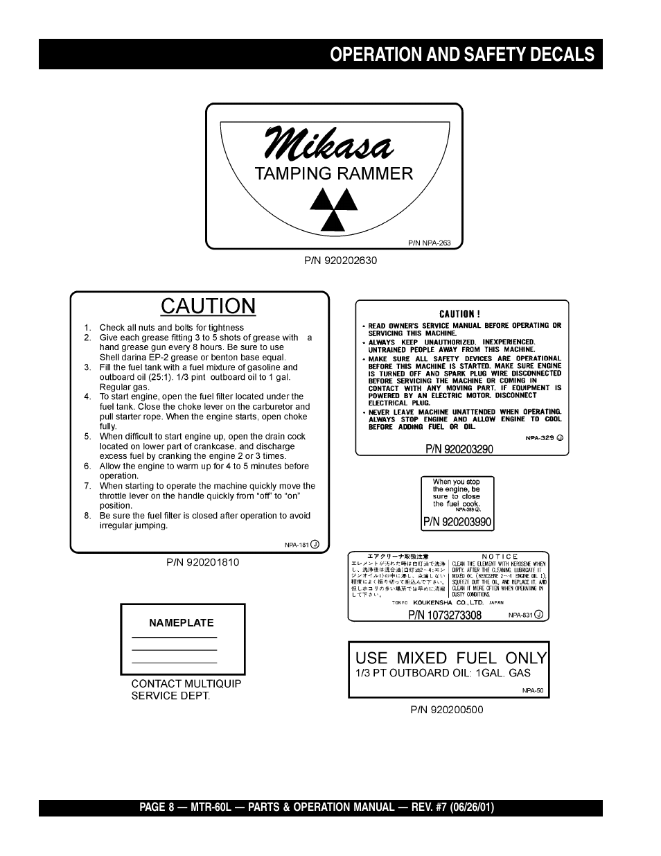 Operation and safety decals | Multiquip MTR60L User Manual | Page 8 / 44