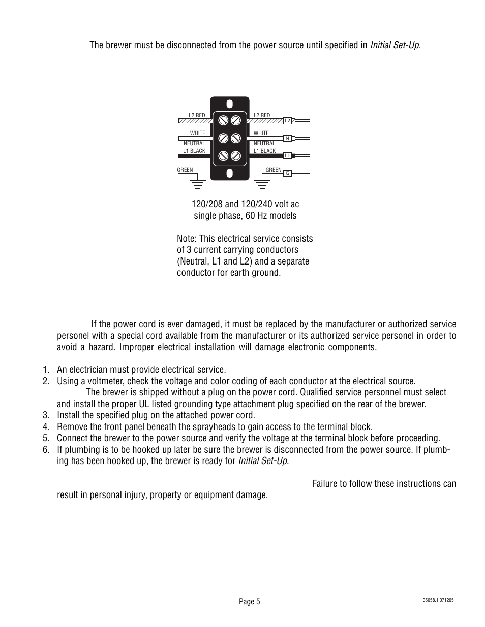 Electrical hook-up, Electrical requirements (models with power cord) | Bunn Dual TF DBC User Manual | Page 5 / 56