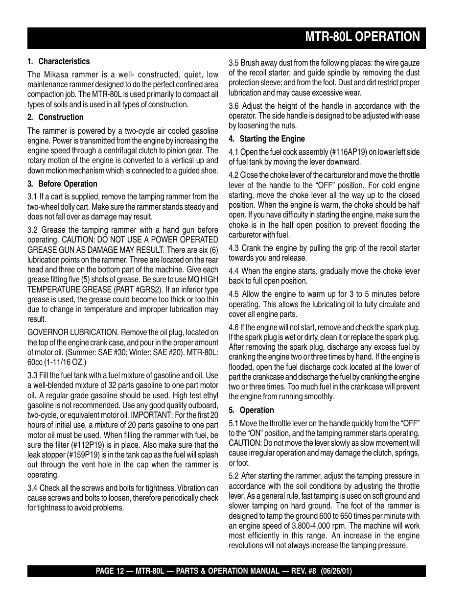 Mtr-80l operation | Multiquip MTR80L User Manual | Page 12 / 44