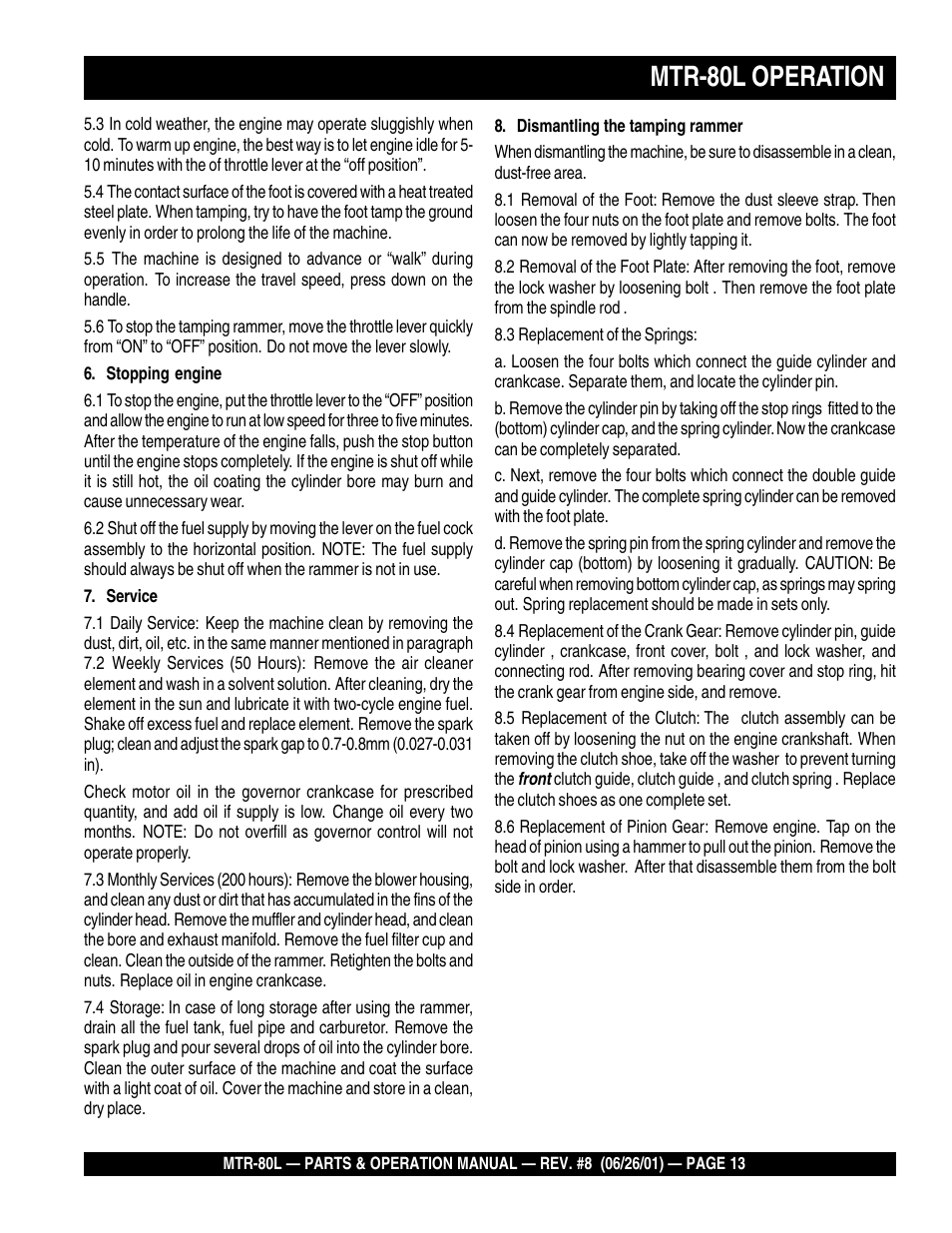 Mtr-80l operation | Multiquip MTR80L User Manual | Page 13 / 44