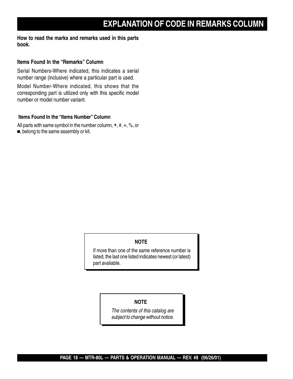 Explanation of code in remarks column | Multiquip MTR80L User Manual | Page 18 / 44