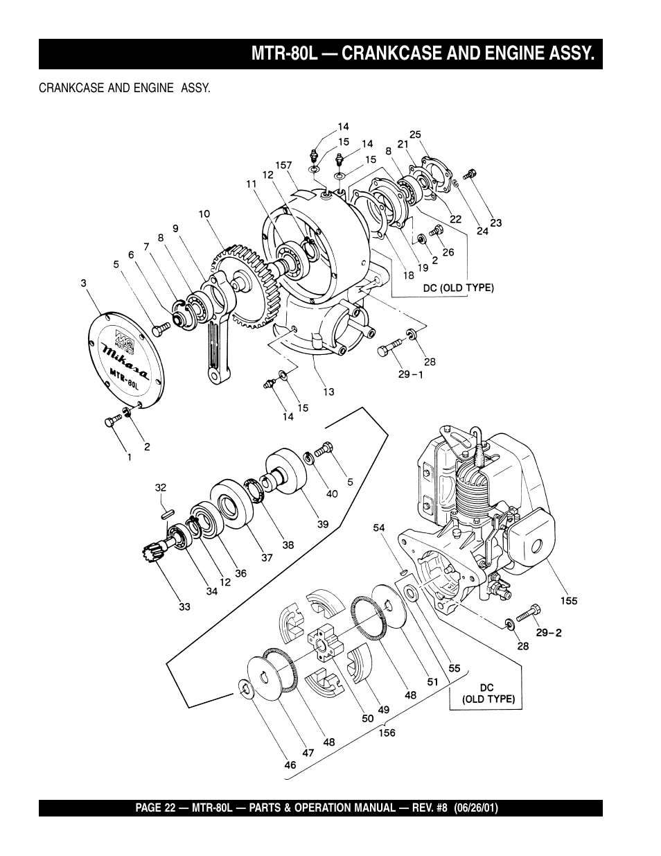 Mtr-80l — crankcase and engine assy | Multiquip MTR80L User Manual | Page 22 / 44