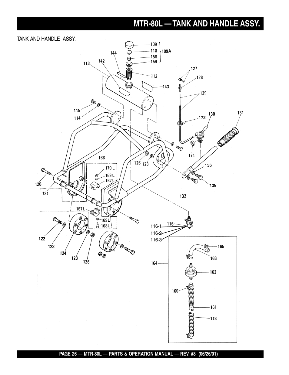 Mtr-80l — tank and handle assy | Multiquip MTR80L User Manual | Page 26 / 44