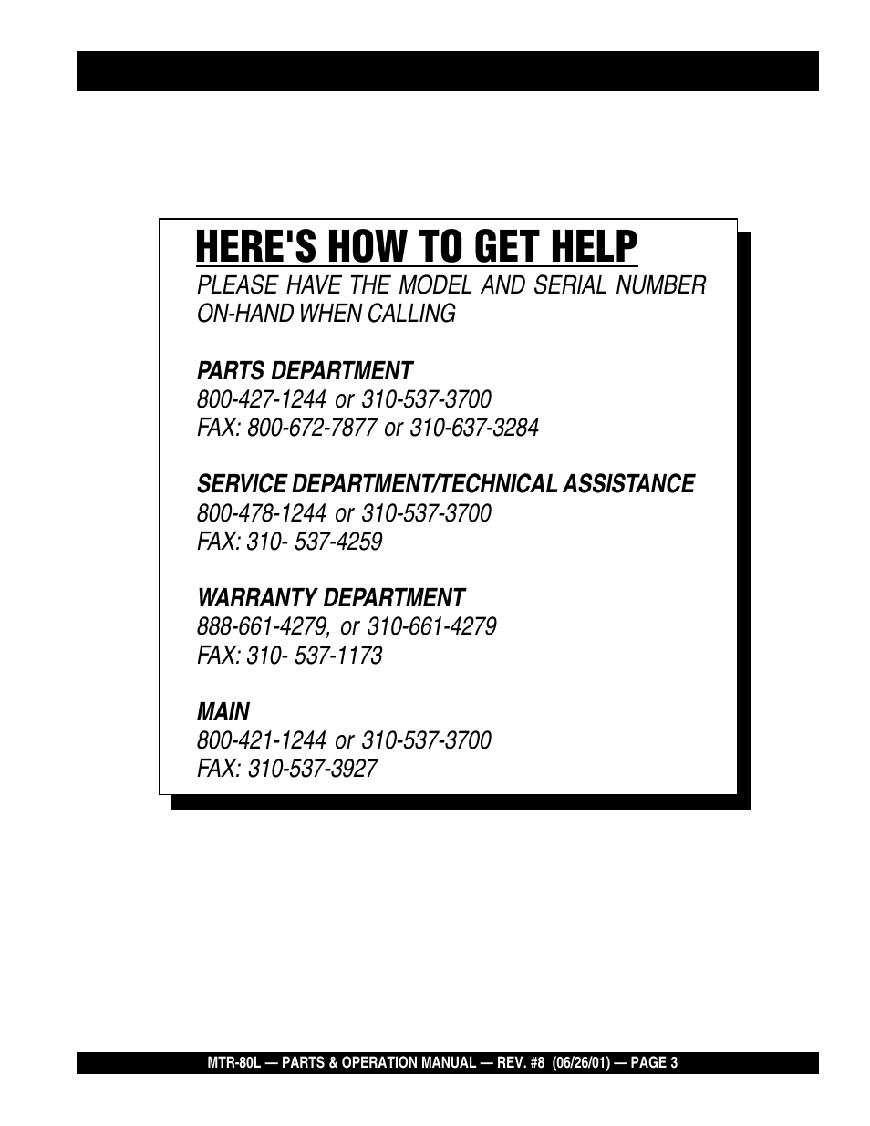 Here's how to get help | Multiquip MTR80L User Manual | Page 3 / 44