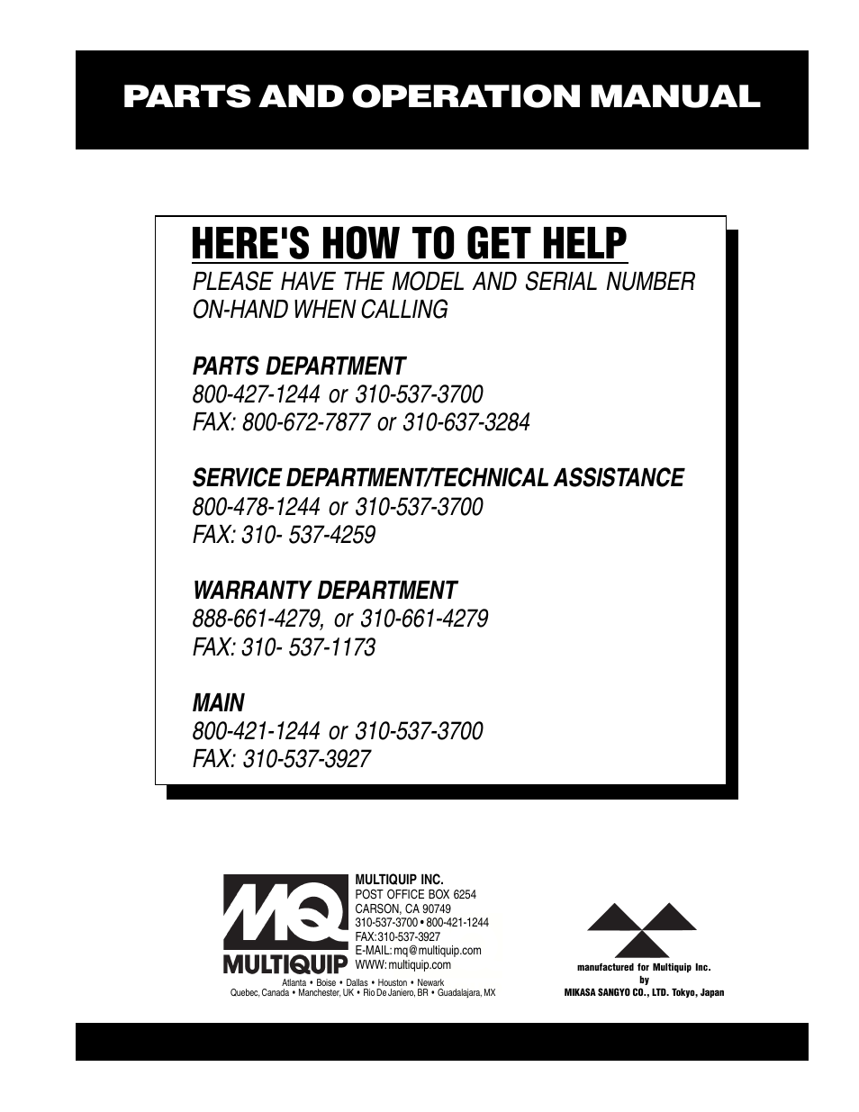 Here's how to get help, Parts and operation manual | Multiquip MTR80L User Manual | Page 44 / 44