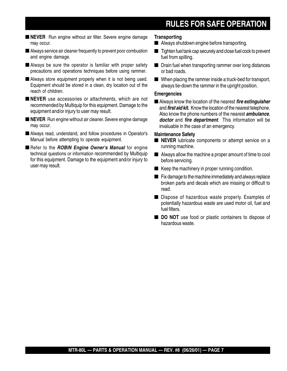 Rules for safe operation | Multiquip MTR80L User Manual | Page 7 / 44
