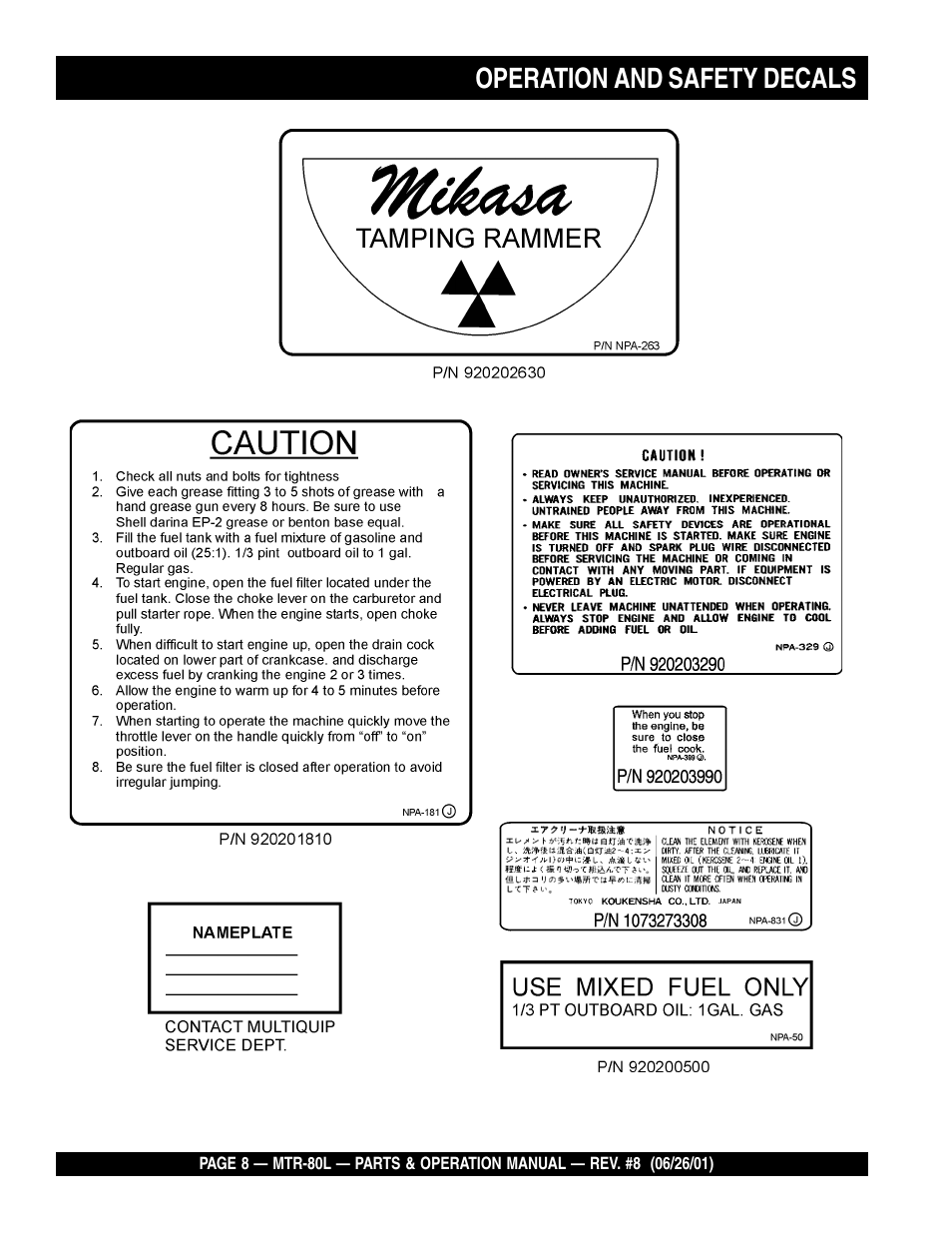 Operation and safety decals | Multiquip MTR80L User Manual | Page 8 / 44