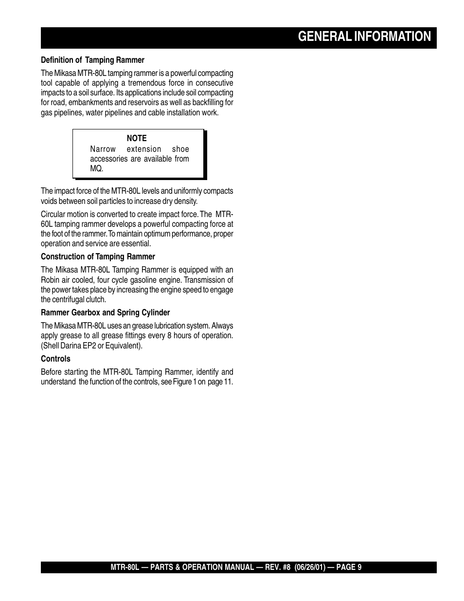 General information | Multiquip MTR80L User Manual | Page 9 / 44