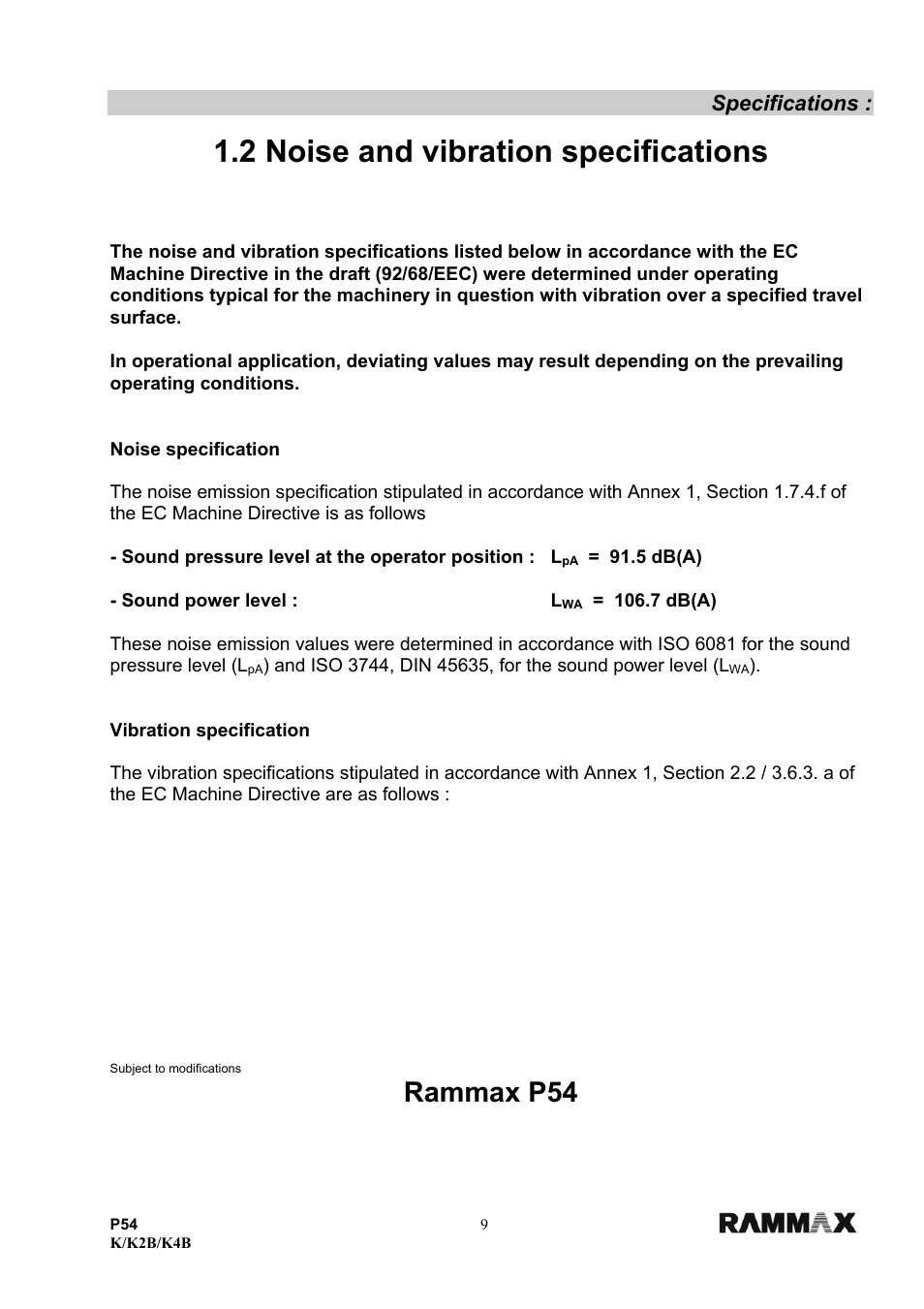 2 noise and vibration specifications, Rammax p54, Specifications | Multiquip P54K-K2B-K4B User Manual | Page 10 / 44