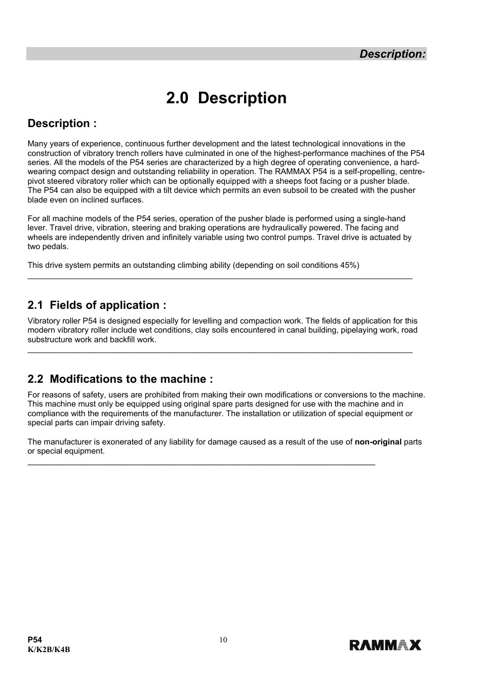 0 description, Description, 1 fields of application | 2 modifications to the machine | Multiquip P54K-K2B-K4B User Manual | Page 11 / 44